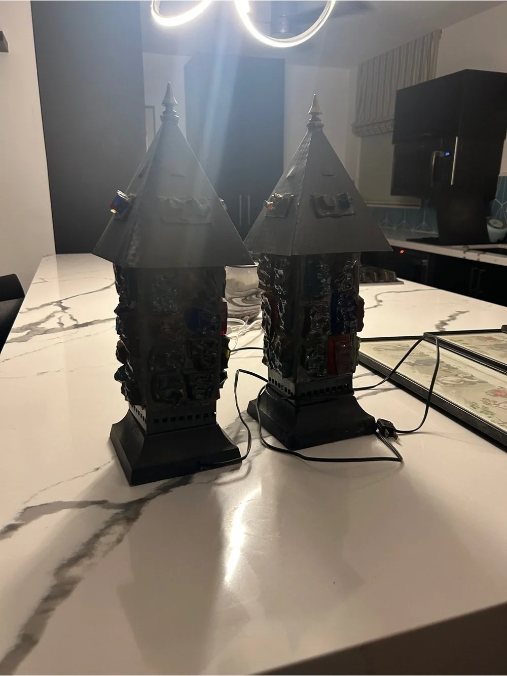 Multicolor Mosaic Glass Table Lantern Pair - Colorful Accent Lighting